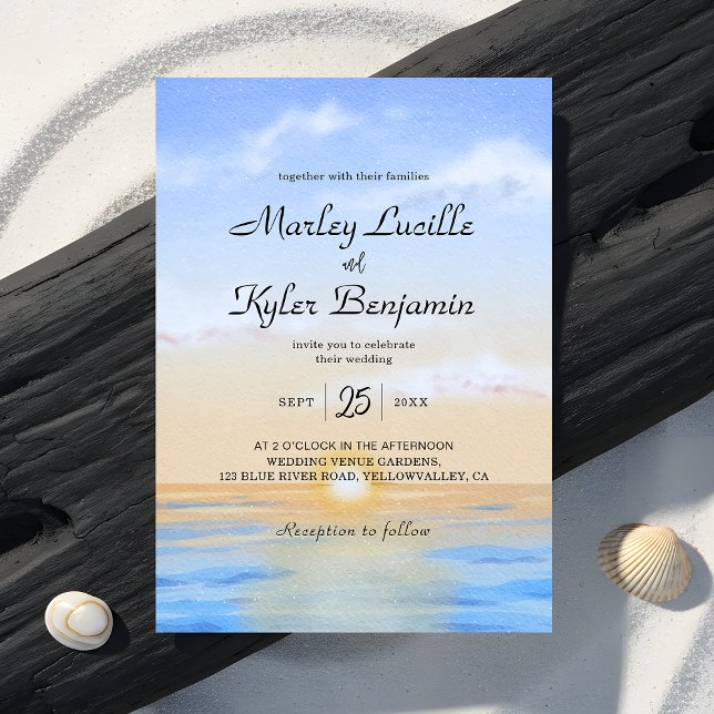 Blue Ocean Beach Sunset Summer Wedding Invitation (Creator Uploaded)