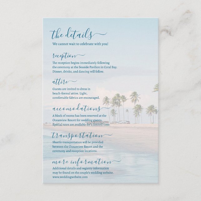 Blue Ocean Beach Wedding Details Enclosure Card (Front)