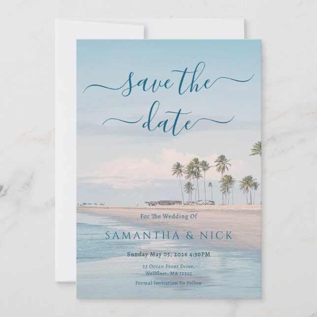 Blue Ocean Beach Wedding Save The Date Card (Front)