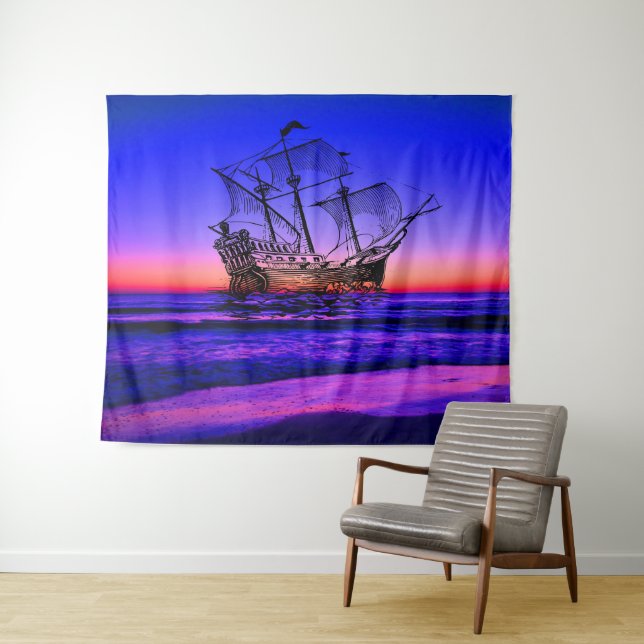 Blue Ocean Beach with Sunset View - Magic Boat Tapestry (In Situ (Horizontal))