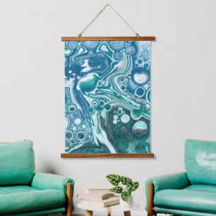 Blue Ocean Bubbles Fluid Art Hanging Tapestry