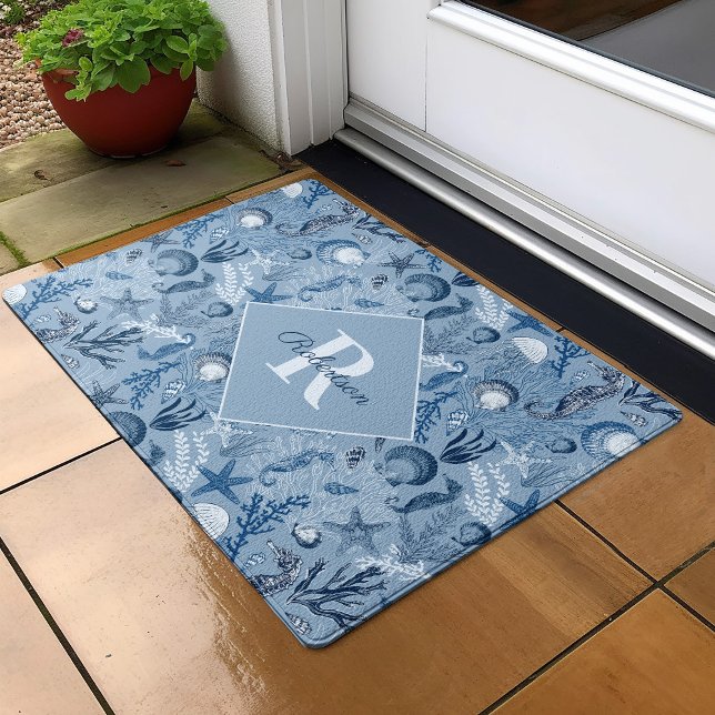 Blue Ocean Coastal Monogram Sea Life Doormat (Creator Uploaded)