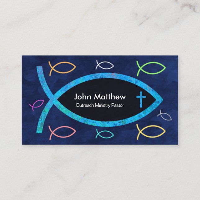 Blue Ocean Colourful Ichthus Fish Christian Pastor Business Card (Front)