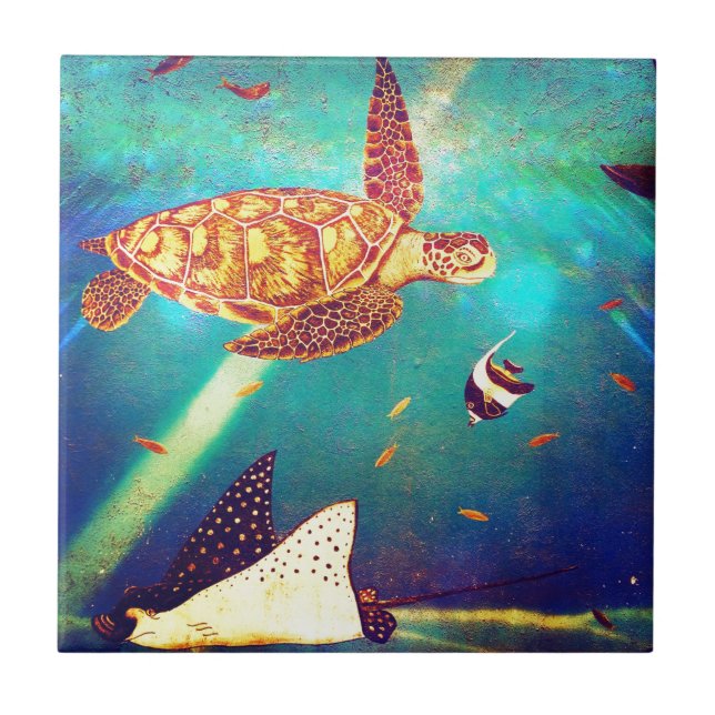 Blue Ocean Colourful Sea Turtle Painting Ceramic Tile (Front)