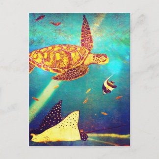 Blue Ocean Colourful Sea Turtle Painting Postcard