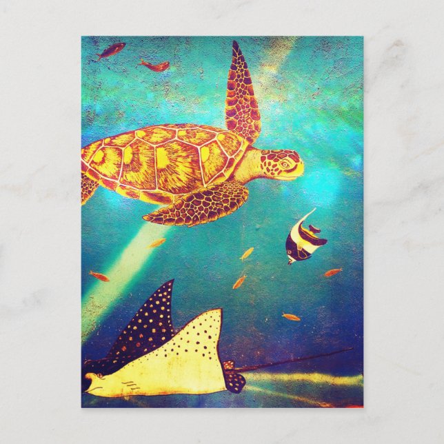 Blue Ocean Colourful Sea Turtle Painting Postcard (Front)