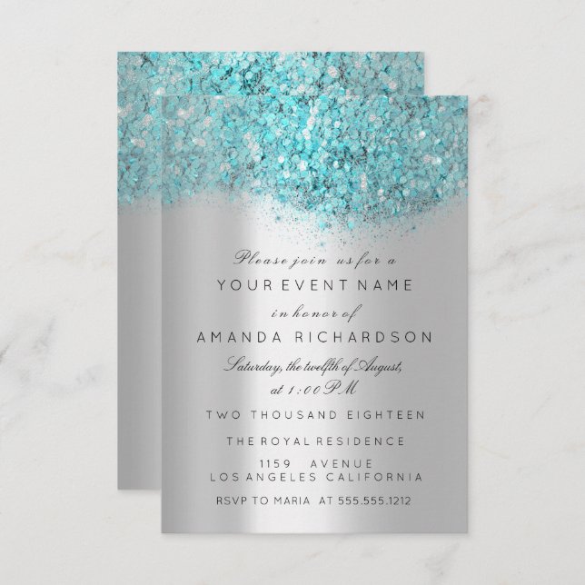 Blue Ocean Confetti Silver Grey Bridal Sweet 16th Invitation (Front/Back)