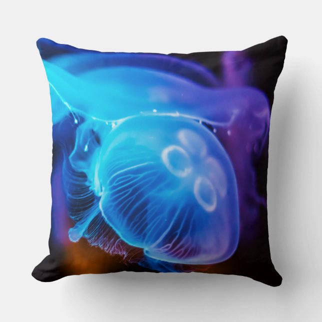 Blue ocean glowing jellyfish throw pillow (Front)