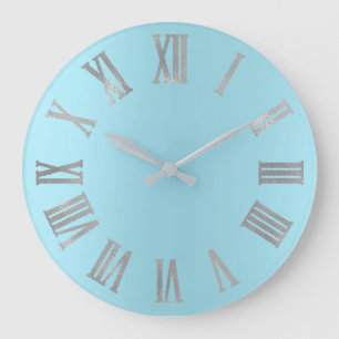 Blue Ocean Grey Minimal Metallic Roman Numers Large Clock