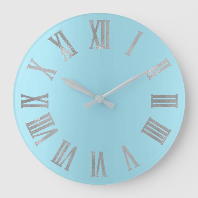Blue Ocean Grey Minimal Metallic Roman Numers Large Clock (Front)