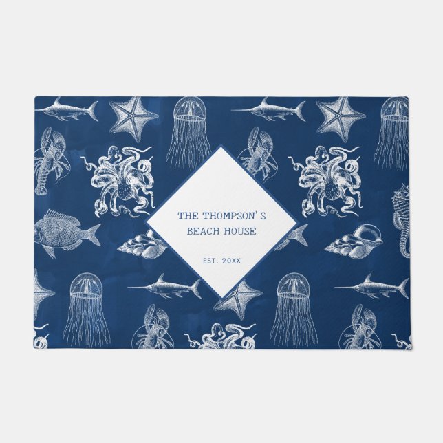 Blue Ocean Marine Animals Pattern Beach House Doormat (Front)