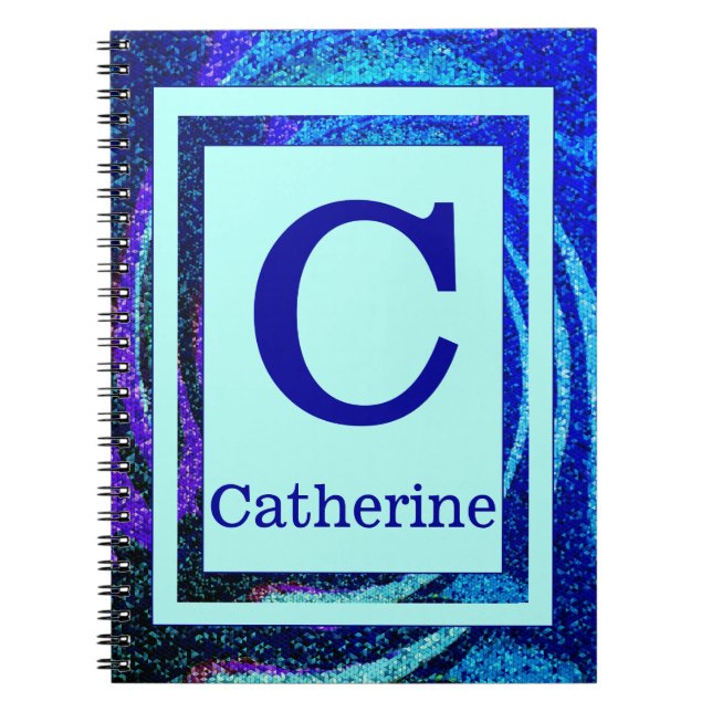 Blue Ocean Mosaic Frame Monogram and Name Notebook (Front)