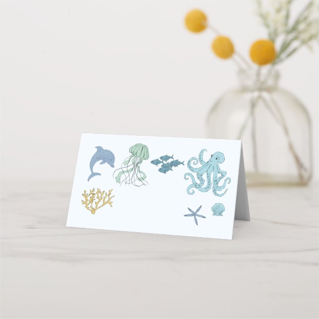 Blue Ocean Party Food Label Place Card (Front)
