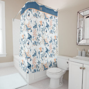 Blue Ocean Pattern Monogram Shower Curtain