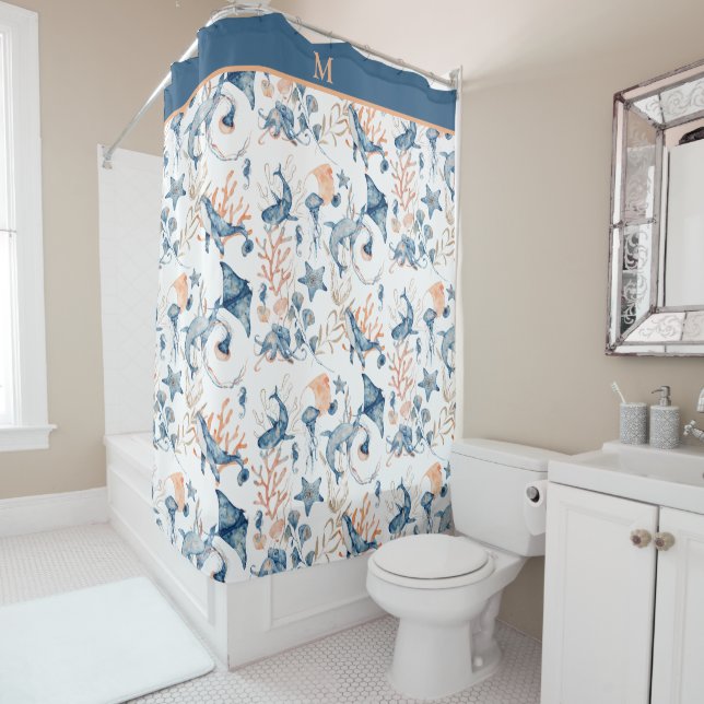 Blue Ocean Pattern Monogram Shower Curtain (In Situ)