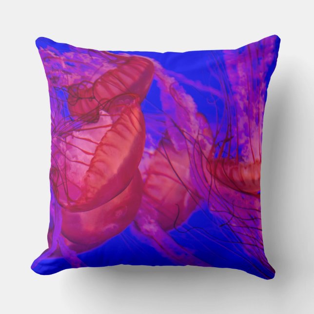 Blue ocean red jellyfish throw pillow (Front)