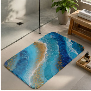 Blue Ocean Resin Art Turquoise Gold Flakes  Bath Mat