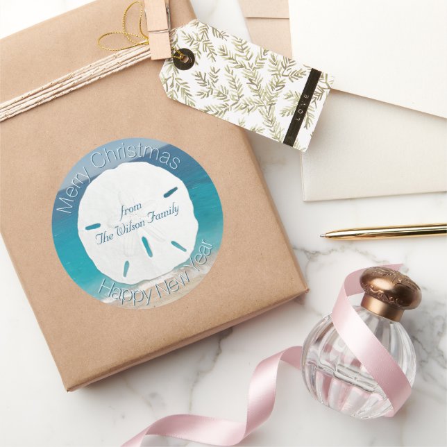 Blue Ocean Sand Dollar Merry Christmas From Classic Round Sticker (Gifting)