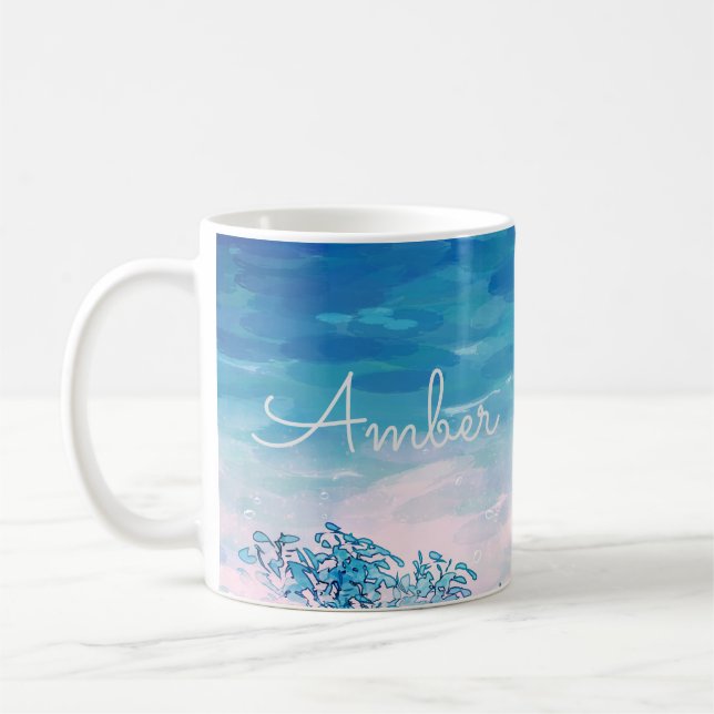 Blue Ocean Sea Beach Personalised Coffee Mug (Left)