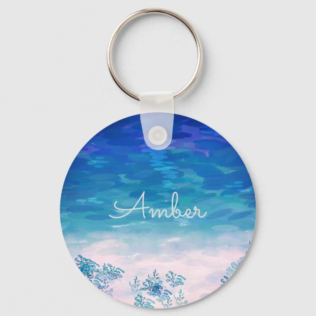 Blue Ocean Sea Beach Personalised Key Ring (Front)
