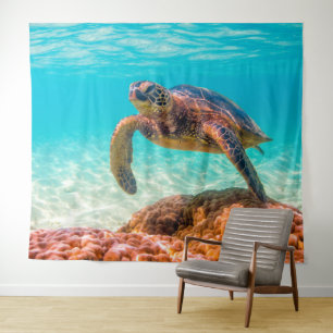 Blue ocean sea turtle coral tapestry