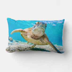 Blue ocean sea turtle face front lumbar pillow