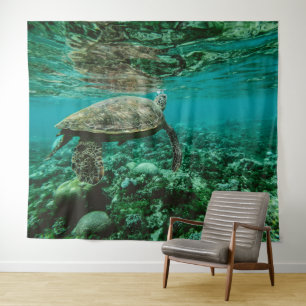 Blue ocean sea turtle tapestry
