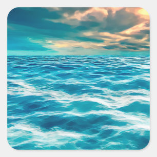 Blue Ocean Seascape Cloudy Sky Digital Painting Square Sticker