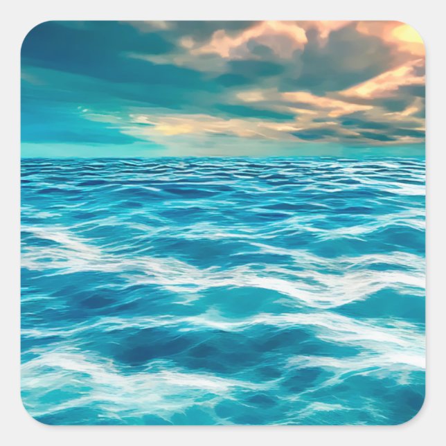 Blue Ocean Seascape Cloudy Sky Digital Painting   Square Sticker (Front)