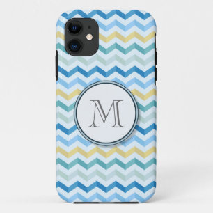 Blue Ocean Shore Chevron Stripes w/ Round Monogram iPhone 11 Case