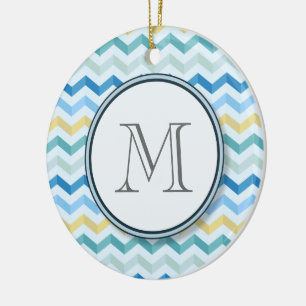 Blue Ocean Shore Chevron Stripes w/ Round Monogram Ceramic Ornament