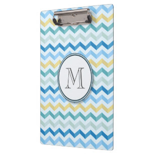 Blue Ocean Shore Chevron Stripes w/ Round Monogram Clipboard