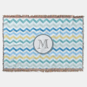 Blue Ocean Shore Chevron Stripes w/ Round Monogram Throw Blanket