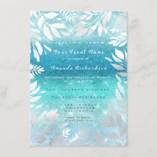 Blue Ocean Sky Glitter Ombre Floral Foil Navy Invitation