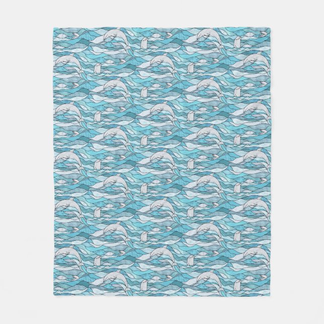 Blue Ocean Stained Glass Dolphins Fleece Blanket (Front)