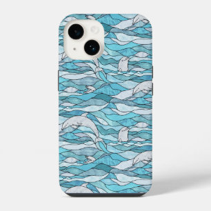 Blue Ocean Stained Glass Dolphins iPhone 14 Case