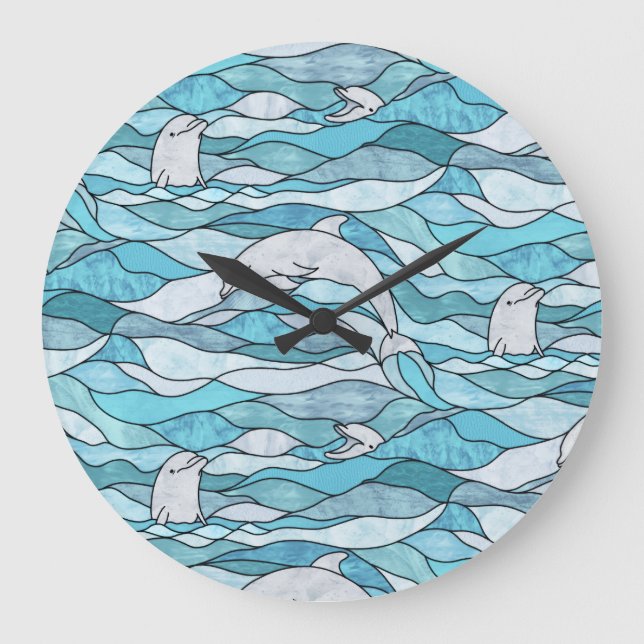 Blue Ocean Stained Glass Dolphins Large Clock (Front)