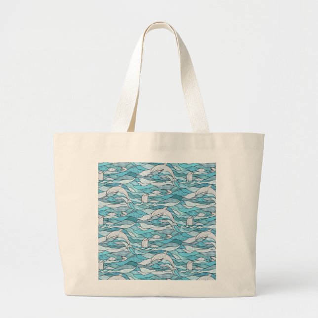 Blue Ocean Stained Glass Dolphins Large Tote Bag (Front)