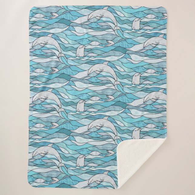 Blue Ocean Stained Glass Dolphins Sherpa Blanket (Front)