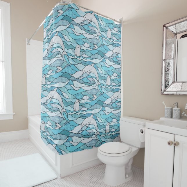 Blue Ocean Stained Glass Dolphins Shower Curtain (In Situ)