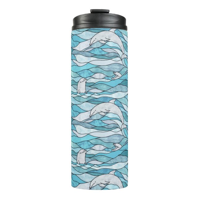 Blue Ocean Stained Glass Dolphins Thermal Tumbler (Front)