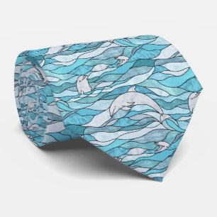 Blue Ocean Stained Glass Dolphins Tie
