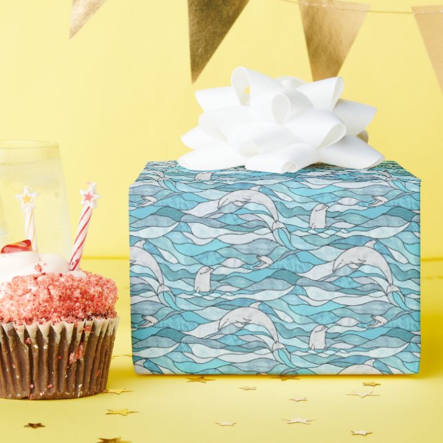 Blue Ocean Stained Glass Dolphins Wrapping Paper (Birthday Party)