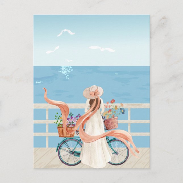 Blue Ocean summer girl with bicycle Postcard (Front)