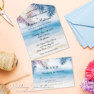 Blue Ocean Tropical Summer Palm Beach Wedding All In One Invitation