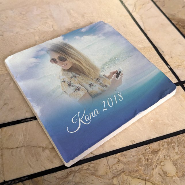 Blue Ocean Vacation Memory Keepsake Custom Photo Stone Coaster (Blue sea and clouds coastal vignette photo template coaster)