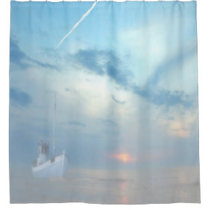 Blue ocean view with fishingboat shower curtain