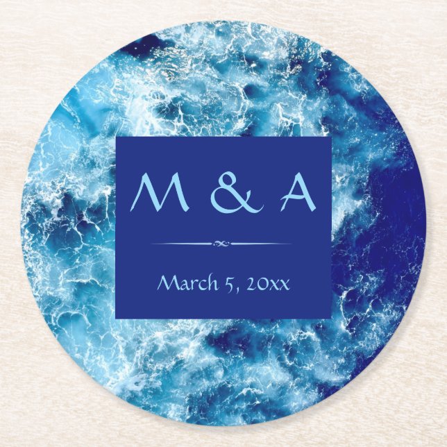 Blue Ocean Water Wedding Round Paper Coaster (Front)