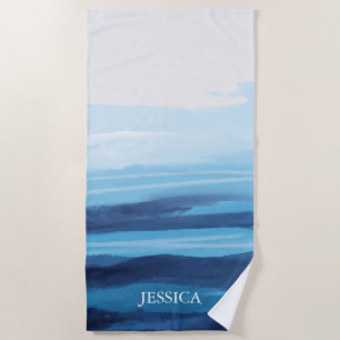 Blue Ocean Watercolor Abstract Sea Monogram Beach Towel