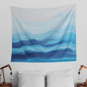 Blue Ocean Watercolor Abstract Sea Monogram Tapestry